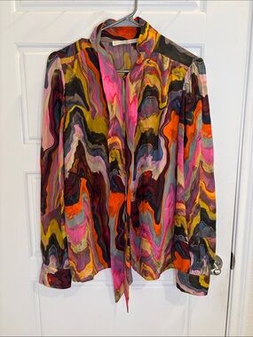 Marie Oliver Silk Blend Abstract Print Blouse Tie Neck Multicolor Statement Top